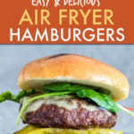 A COLLAGE OF PICTURES OF A BURGER BEING MADE IN AN AIR FRYER