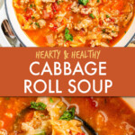 two images of cabbage roll soup on a bowl and close up in a spoon