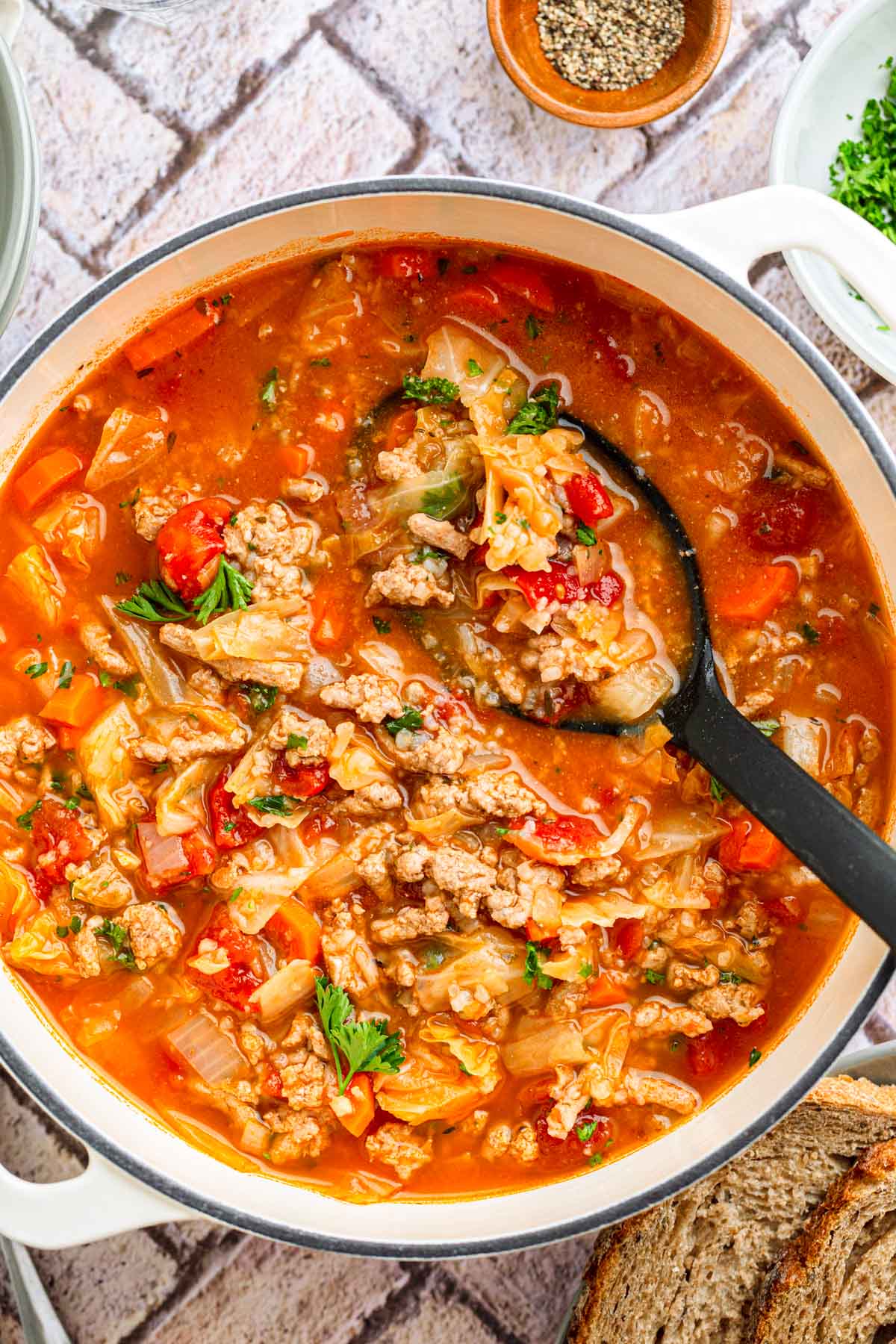 top down view of the completed cabbage roll soup recipe.