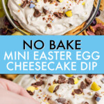 two images of easter egg cheesecake dip from different angles