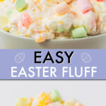 two images of marshmallow fluff in a bowl and a close up spoonful