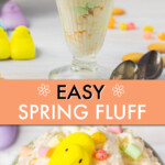 two images of marshmallow fluff in a bowl and in a tall sundae glass