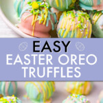 two images of Oreo truffles stacked on a plate and laid out on a dish