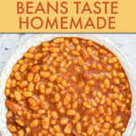 Overhead view of a bowl of baked beans