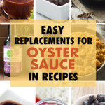A collage of images of condiments that can be used as substitutions for oyster sauce