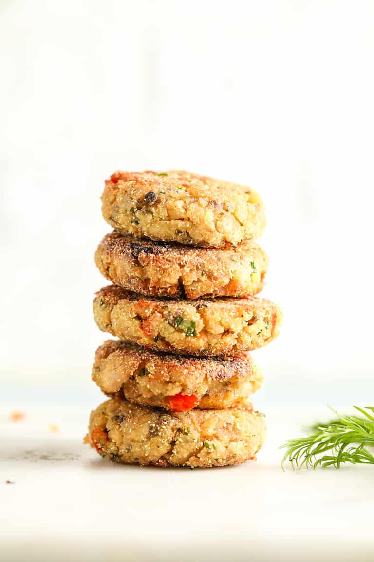 5 salmon croquettes stacked on top of each other
