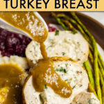 Close up of gravy pouring over slices of stuffed turkey breast