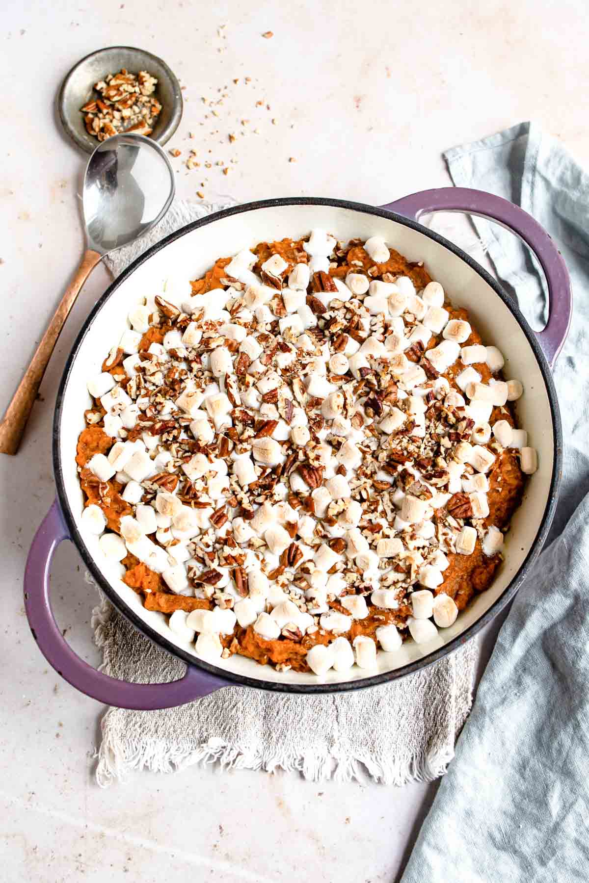 top down view of the finished sweet potato casserole recipe